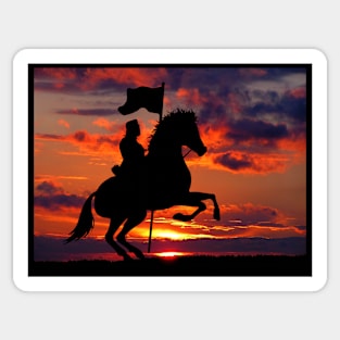 Knight riding on horse at night during sunset Sticker